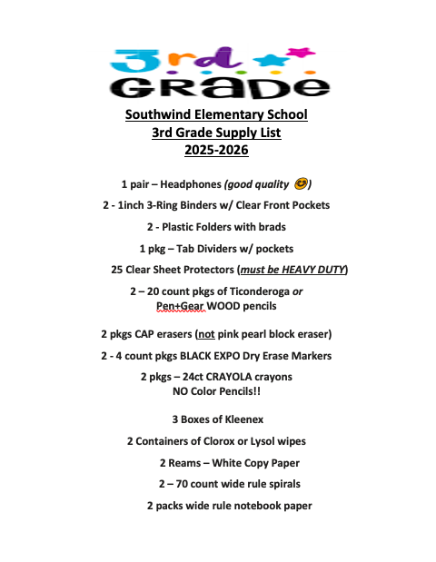 3rd Grade Supply List 2025-2026